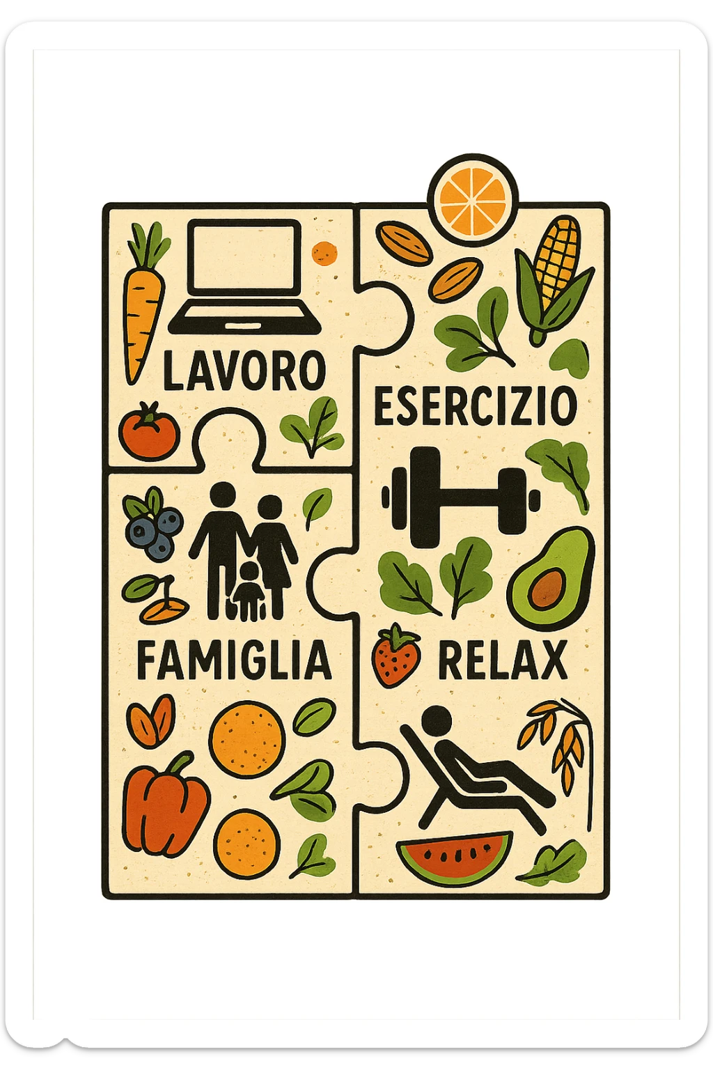 Puzzle (Lavoro, Esercizio, Famiglia, Relax), in lavoro metti icona di un PC, in Esercizio un Manubrio, in Famiglia una famiglia, in Relax qualcuno che riposa and healthy foods are integrated into each piece. in italiano sticker