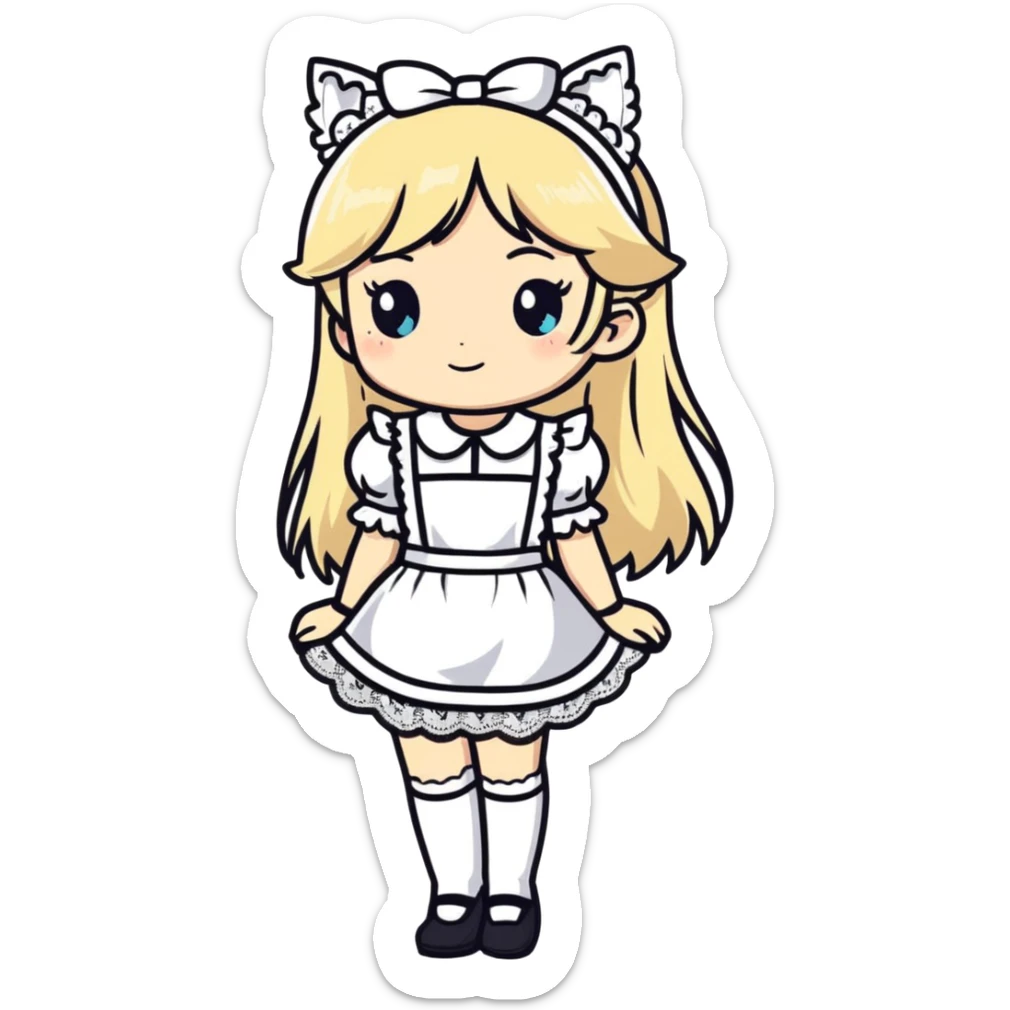petite blonde catgirl woman long hair freckles shy lace white French maid barefoot sticker