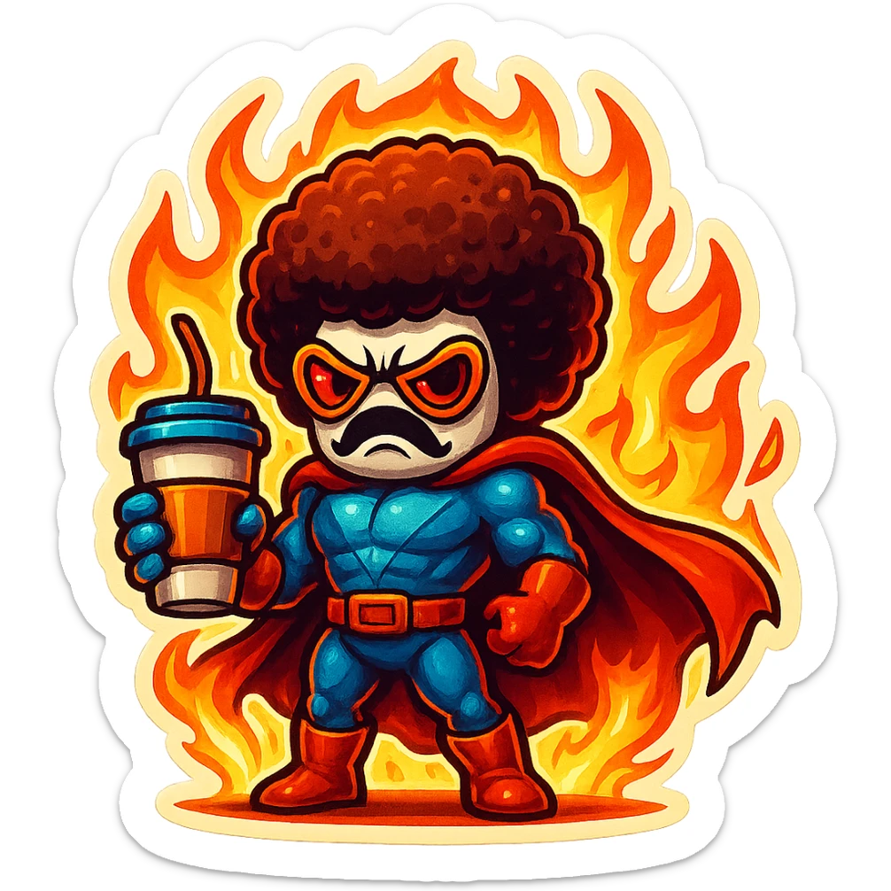 coffee creature, superhero, angry and on fire sticker