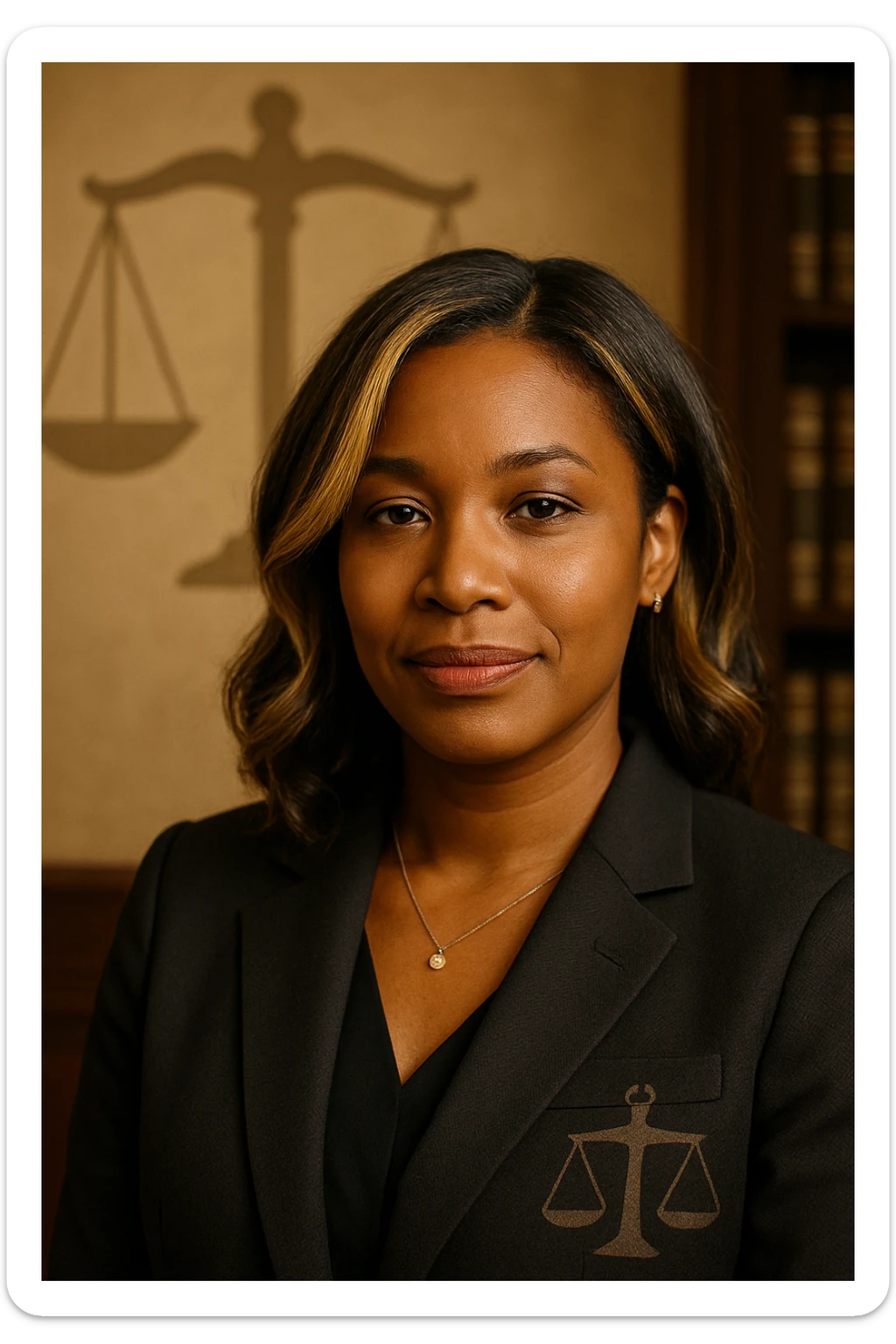 Portrait of a confident and serene Black woman with blended blonde highlights and brunette hair, wearing a dark professional blazer in a legal environment. She has a light smile and direct gaze, conveying empathy, authority, and attentiveness. Subtle stylized justice scale symbol on the background or clothing. Maternal authenticity detail: delicate pendant, subtle earrings, or discreet hair accessory. sticker