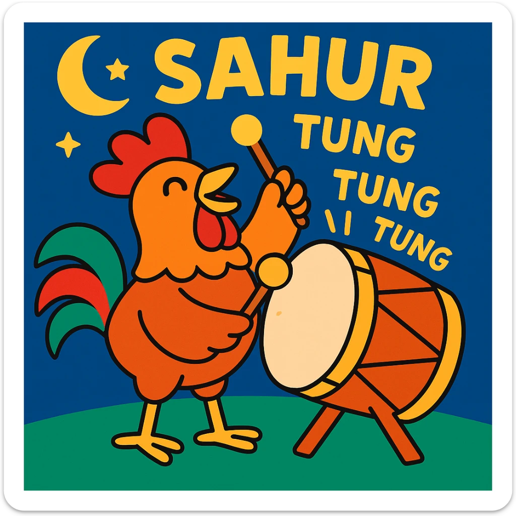 cute rooster with a drum beating it with 'tung tung tung' sound effects, celebrating sahur, bright and joyful sticker