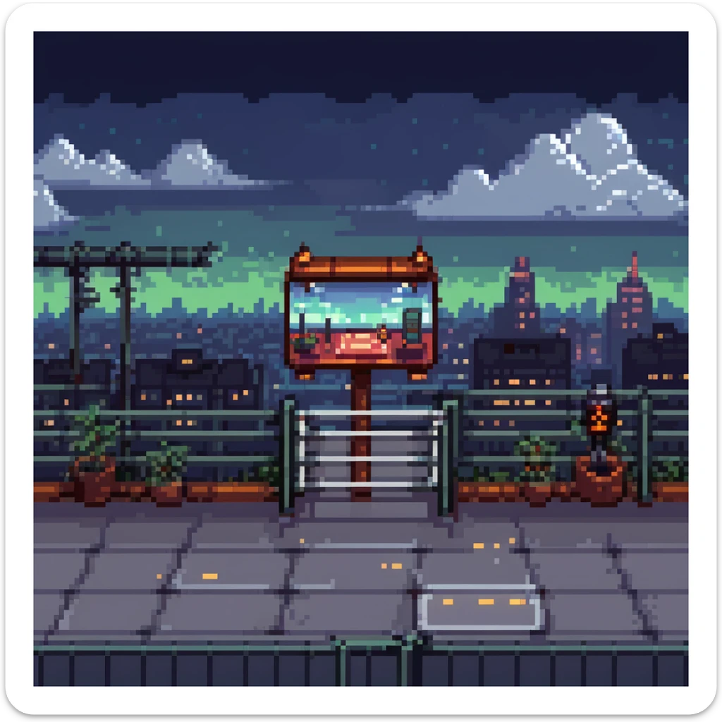 Pixel art rooftop at night, helipad, fence, distant city lights, glowing billboard, cloudy sky, 9:16 vertical scene, side view, retro 2D fighting game background
 sticker