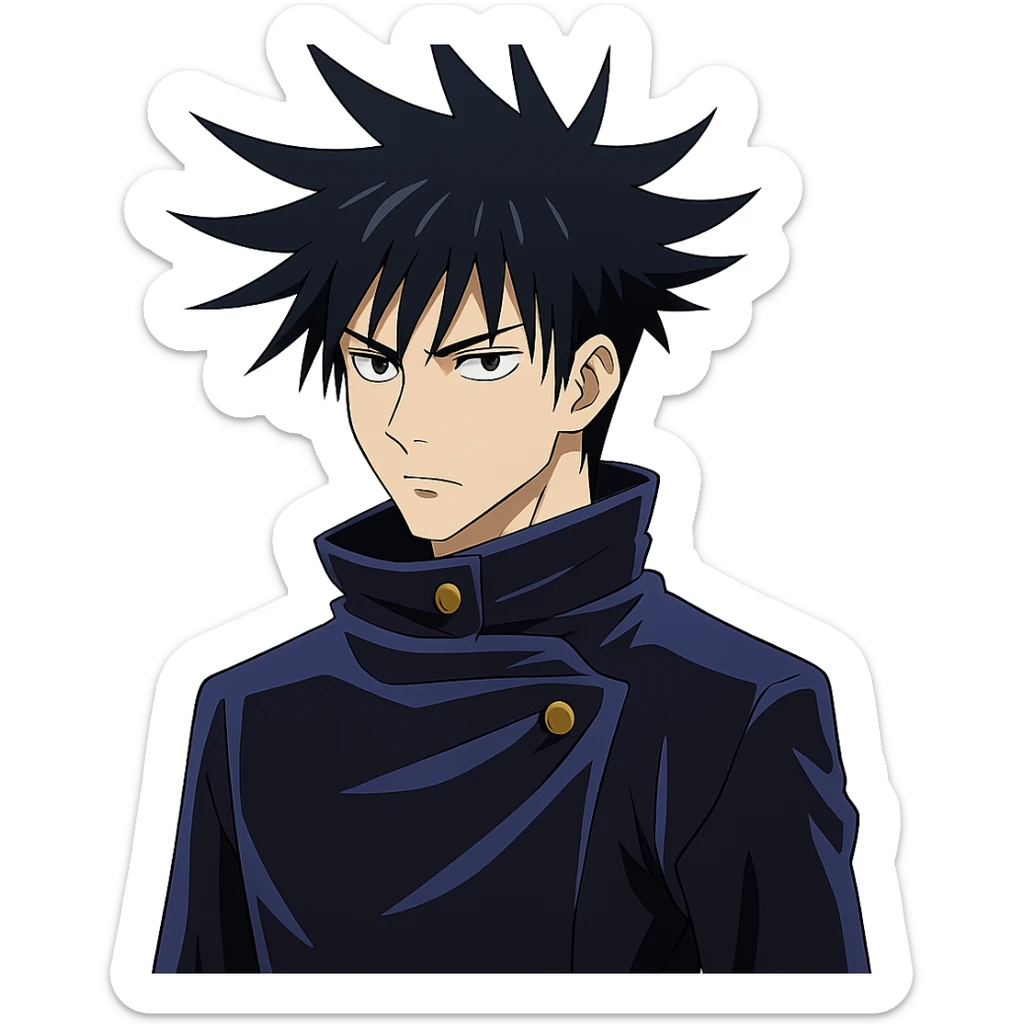 Megumi Fushiguro, spiky black hair, blue uniform, serious look, anime style sticker