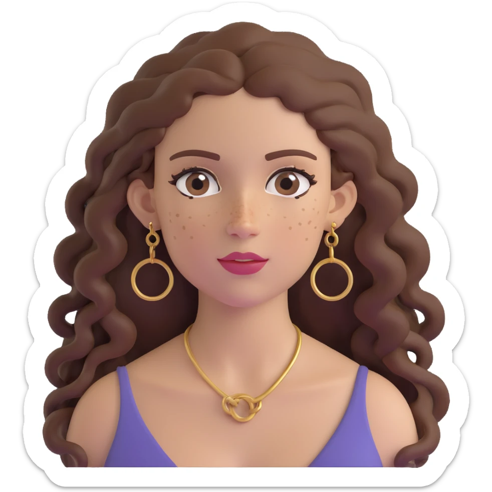 Attractive Greek woman with a wide face, freckles, long curly brown hair and gold hoop earrings sticker