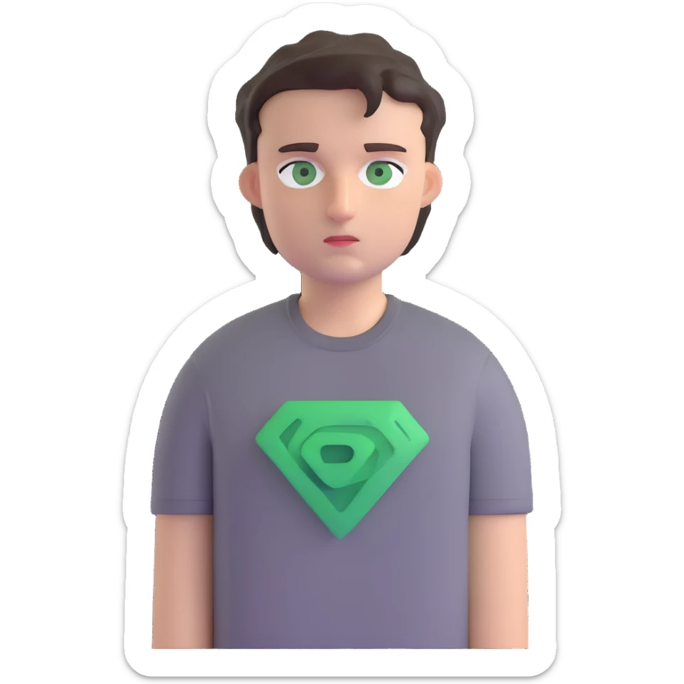 white man with dark messy short hair, dark green eyes, wearing a gray t-shirt sticker