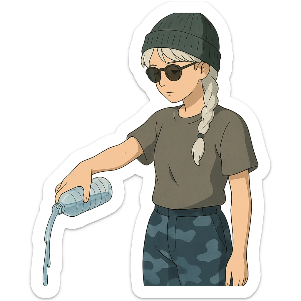 1 female, long white braid, knit cap, dark sunglasses, GRAY T-SHIRT, blue camo pants, gazing slightly down, POURING OUT A WATER BOTTLE on the ground sticker