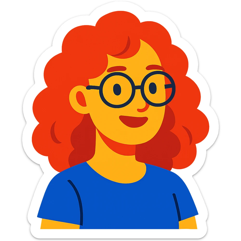 red-haired woman with curly hair, glasses sticker