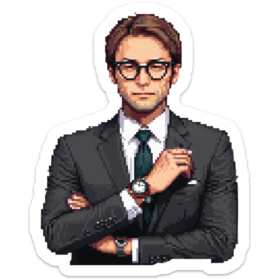 pixel art image of a businessman in a suit, waist up, hand under chin, looking to the side thoughtfully, wearing stylish glasses, luxury watch visible on wrist, contemplative and curious mood, clean background sticker