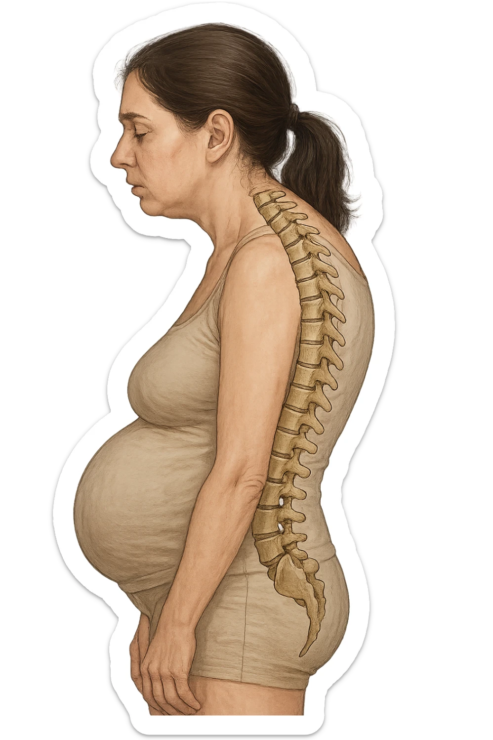 DONNA DI PROFILO CON LA POSTURA SBAGLIATA, SPINA DORSALE UMANA ANATOMICA REALISTICA IN EVIDENZA, LA PANCIA IN FUORI E LE SPALLE CHIUSE sticker