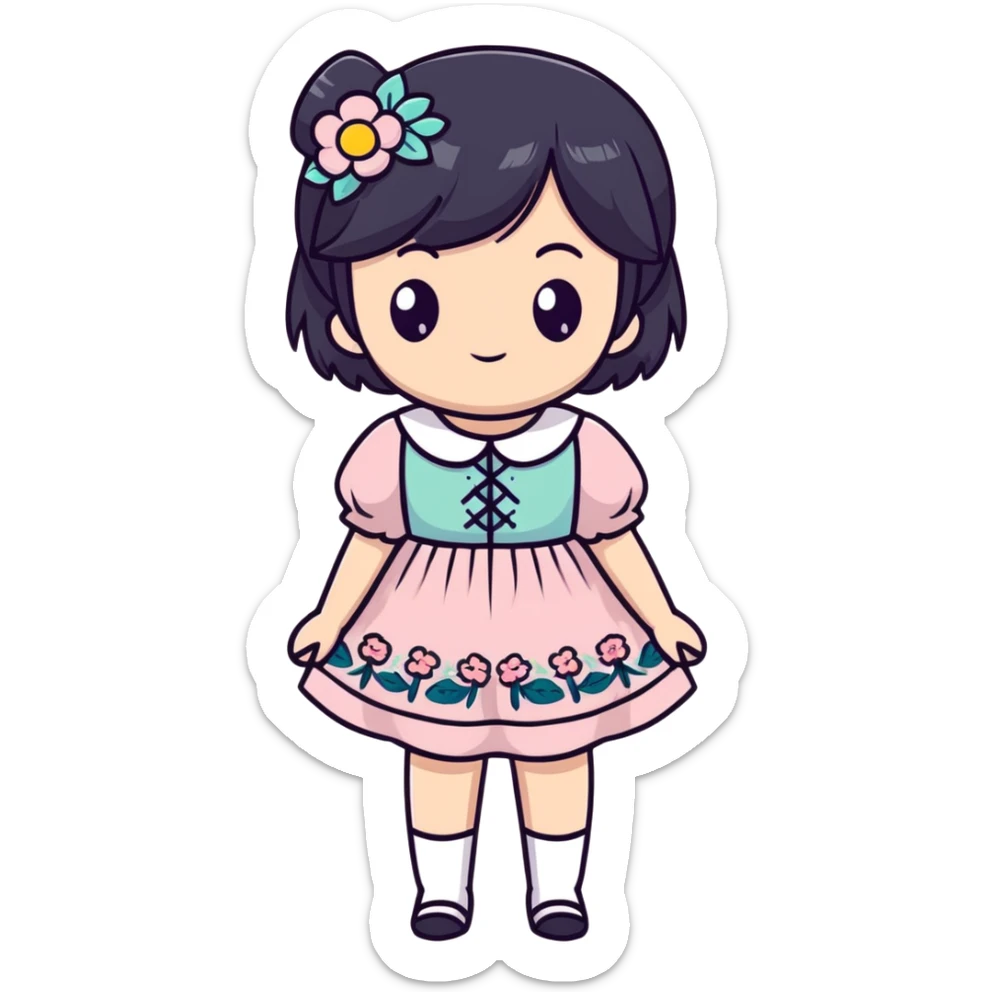 Adorable anime girl with black hair in a beautiful cottagecore dress with pastel colors and floral elements sticker