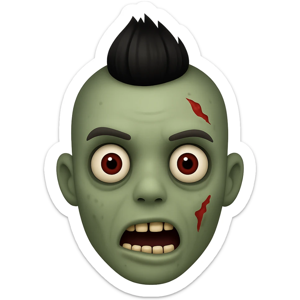 Create a zombie emoji with black hair styled in a mohawk, in the style of Apple emojis. The emoji should have the typical zombie features with greenish skin and a spooky expression, combined with the distinct Apple emoji look and feel. sticker