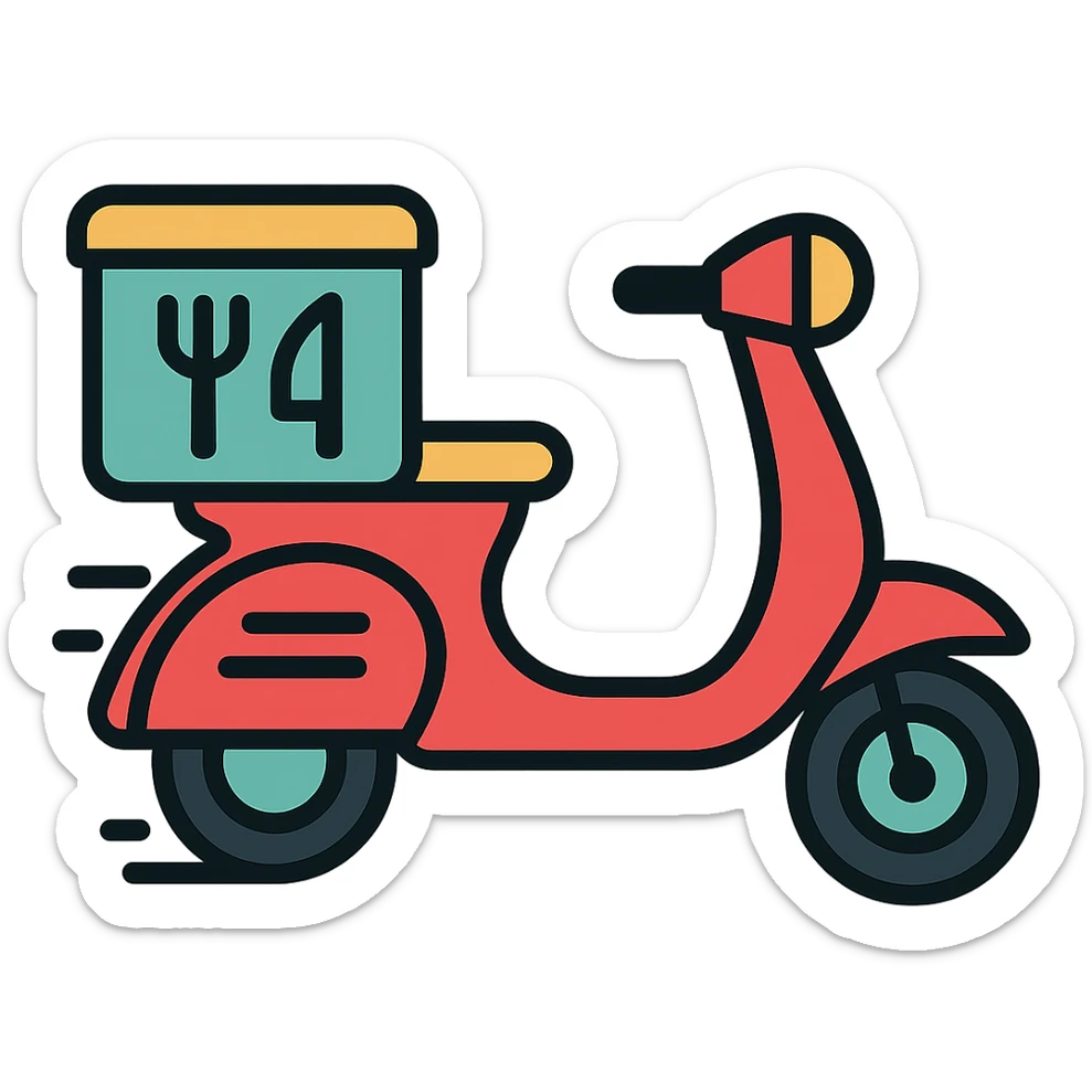 Add a wind effect to the food delivery bike, keep the color outline icon style, no background. sticker
