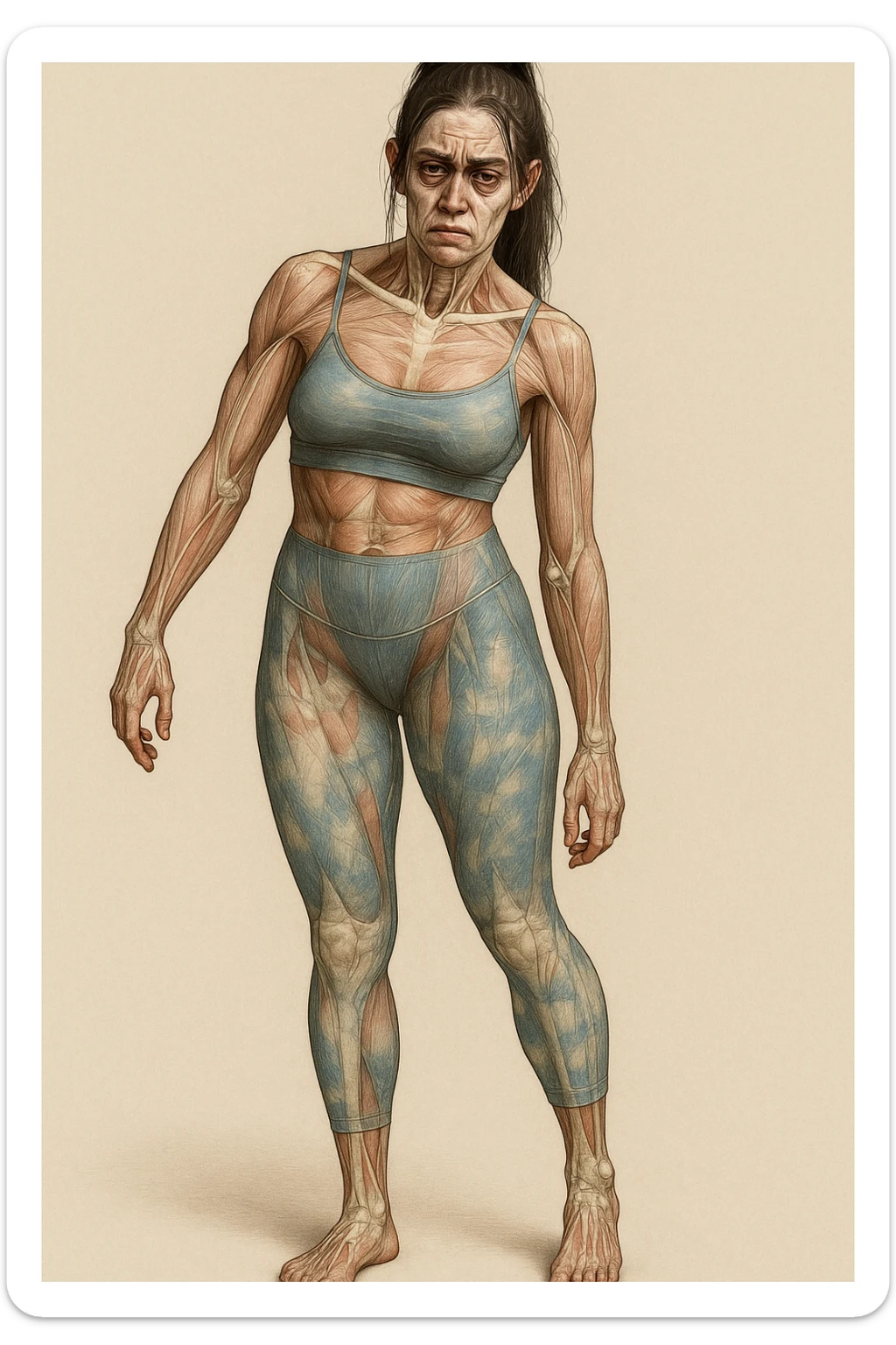 A woman in sportswear with an asymmetric posture, in a medical realistic style showing visible muscles and bones. The expression shows strong chronic stress signs including a tense face, dark circles under the eyes, and muscle tension. The background is neutral and the format is vertical. sticker