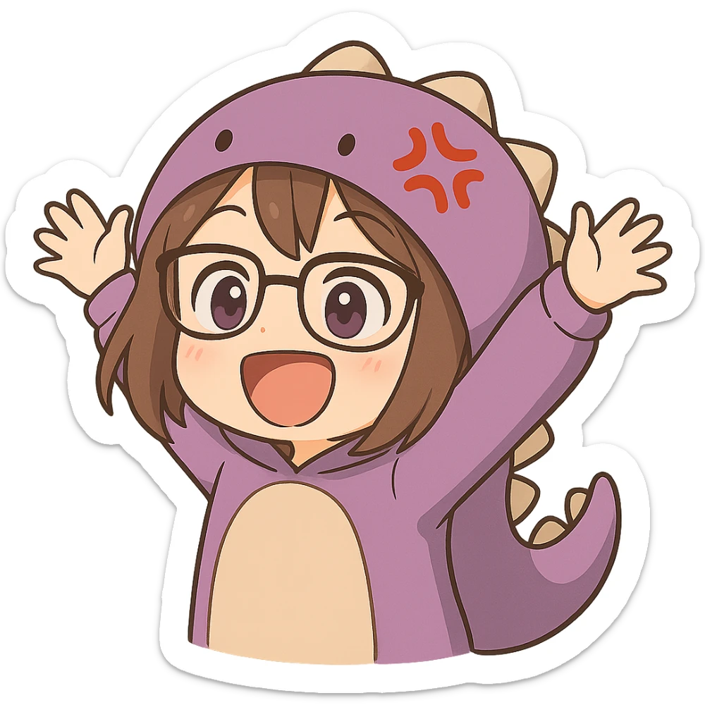 Edit the image of a chibi anime style gamer girl with glasses, brown hair, dark purple eyes, wearing a purple dinosaur costume. Change to a new pose with arms up in excitement. Remove the controller. Keep the same chibi stickers style as the reference. Remove the background (make it transparent). sticker