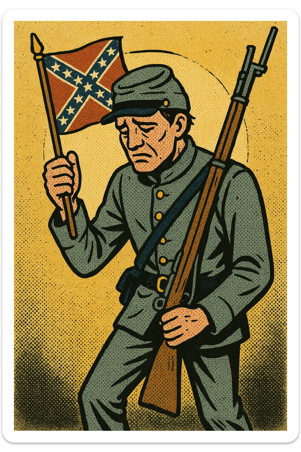 The full body of a Confederate soldier from the American Civil War holding a small confederate flag and his rifle. He is looking defeated. sticker