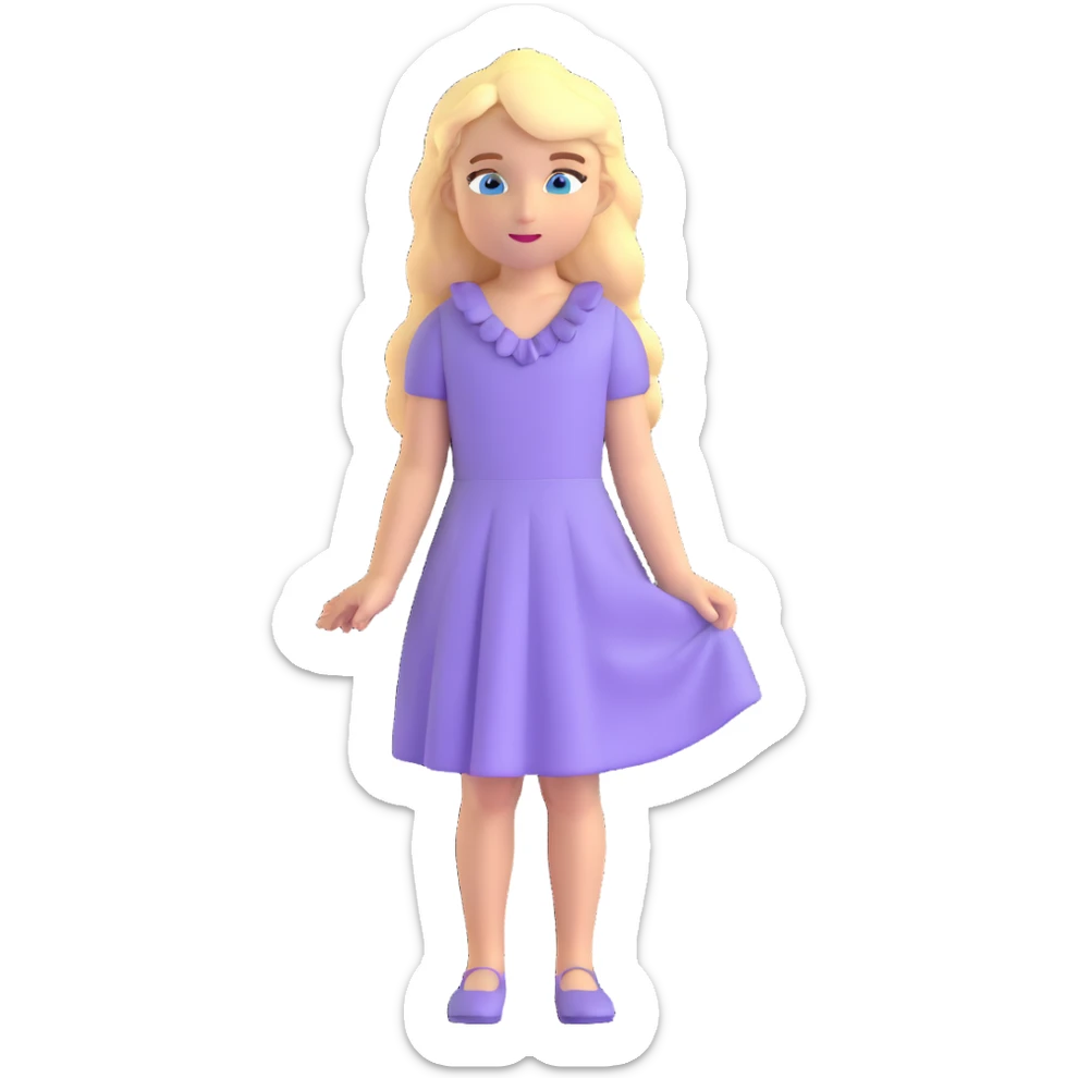 blonde girl with blue eyes and slight wavy hair wearing a lilac dress sticker