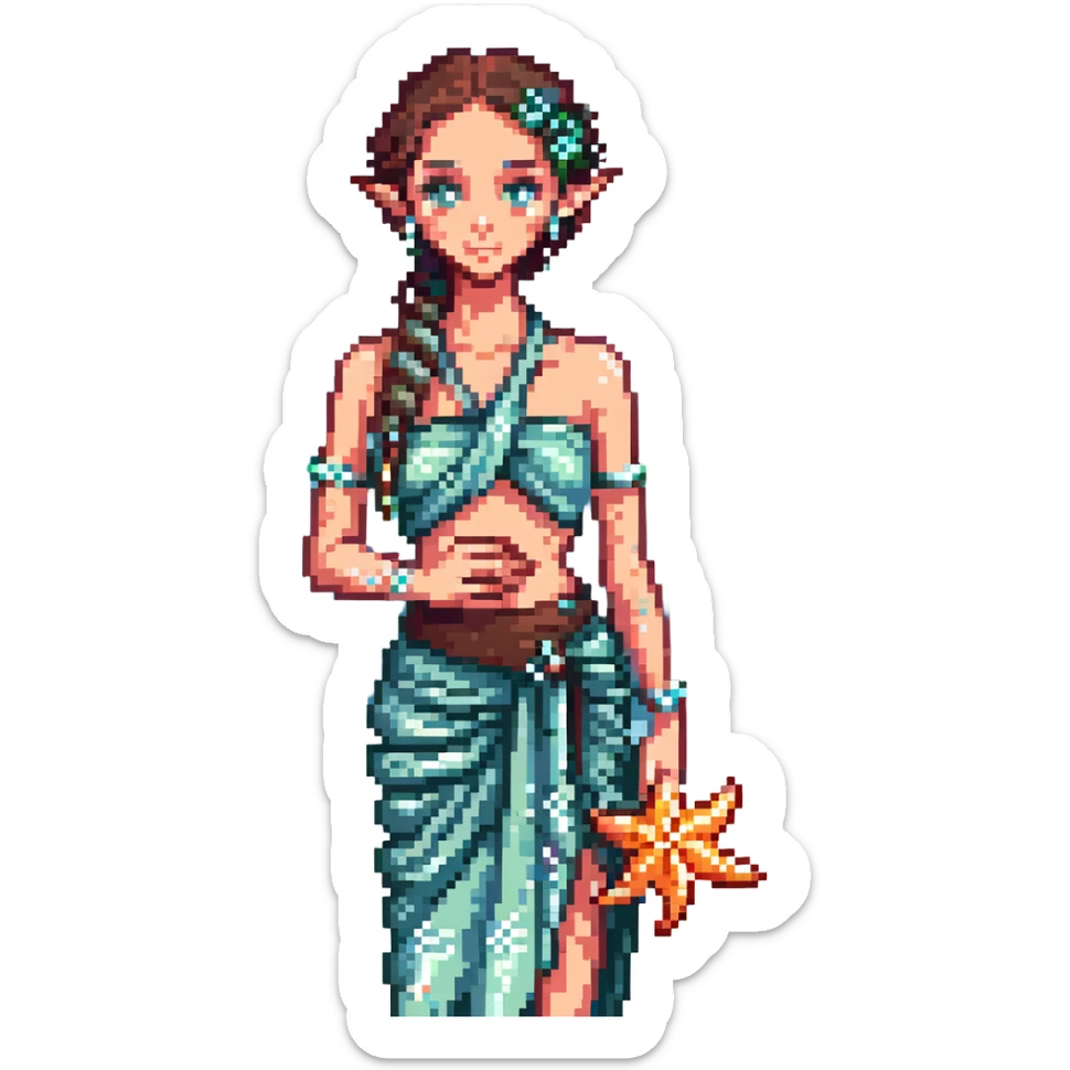 elf female Sarong with bioluminescent embroidery, armful of starfish, hair in a braid with pearl pins sticker