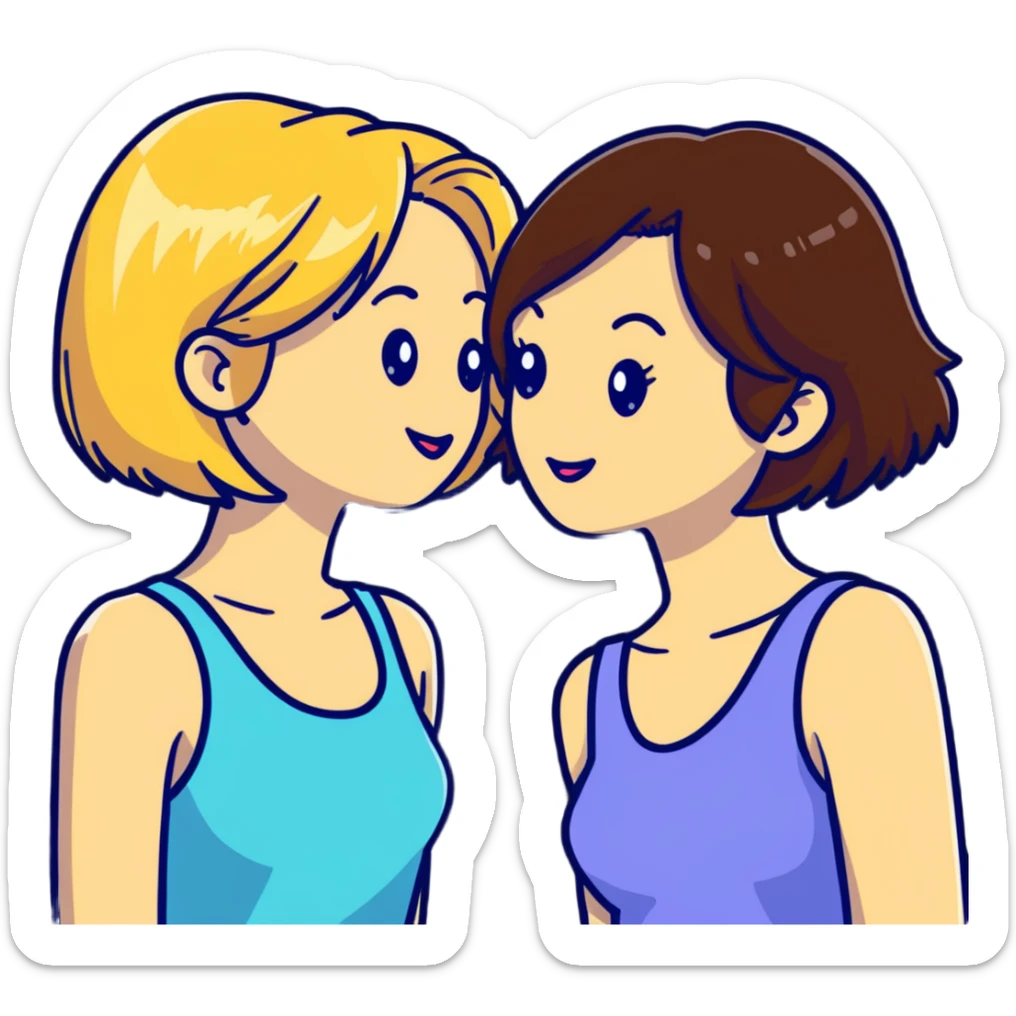 Two women flirting, one with short brown hair and the other with long blonde hair sticker
