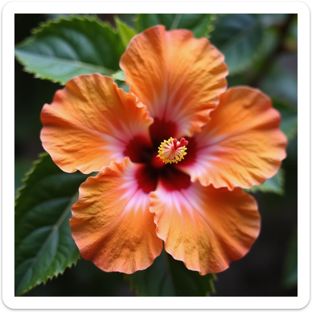 realistic orange and pink hibiscus flower, macro photography style sticker