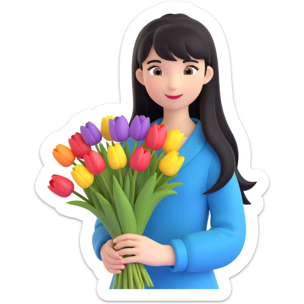 girl with long black hair and thin bangs, picking a bouquet of tulips in the garden sticker