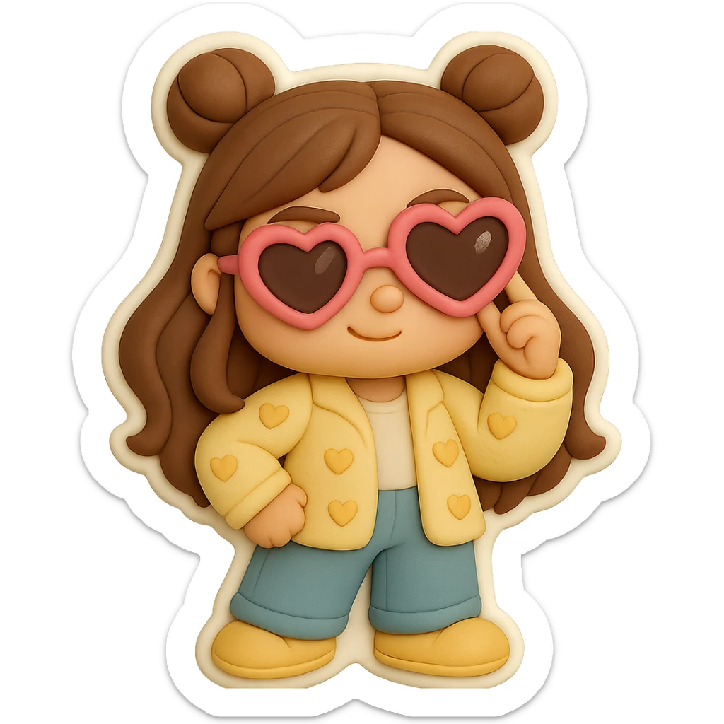 Create a 3D chibi fondant cake art style image of a girl based on the reference image. Preserve facial features and eye shape exactly as in the reference. She has long brown hair styled in two space buns, brown eyes, and shoes matching the reference. She stands with one hand on her hip and the other hand holding the arm of her pink heart-shaped sunglasses with a shiny highlight. The expression is confident, businesslike but kind. Include a thick white outline like a sticker and ensure the background is transparent. sticker