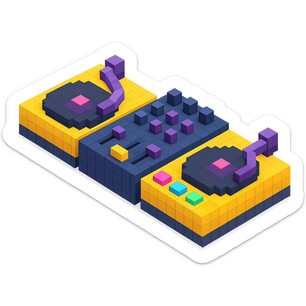 detailed DJ equipment close-up with turntables, mixer, and glowing buttons sticker