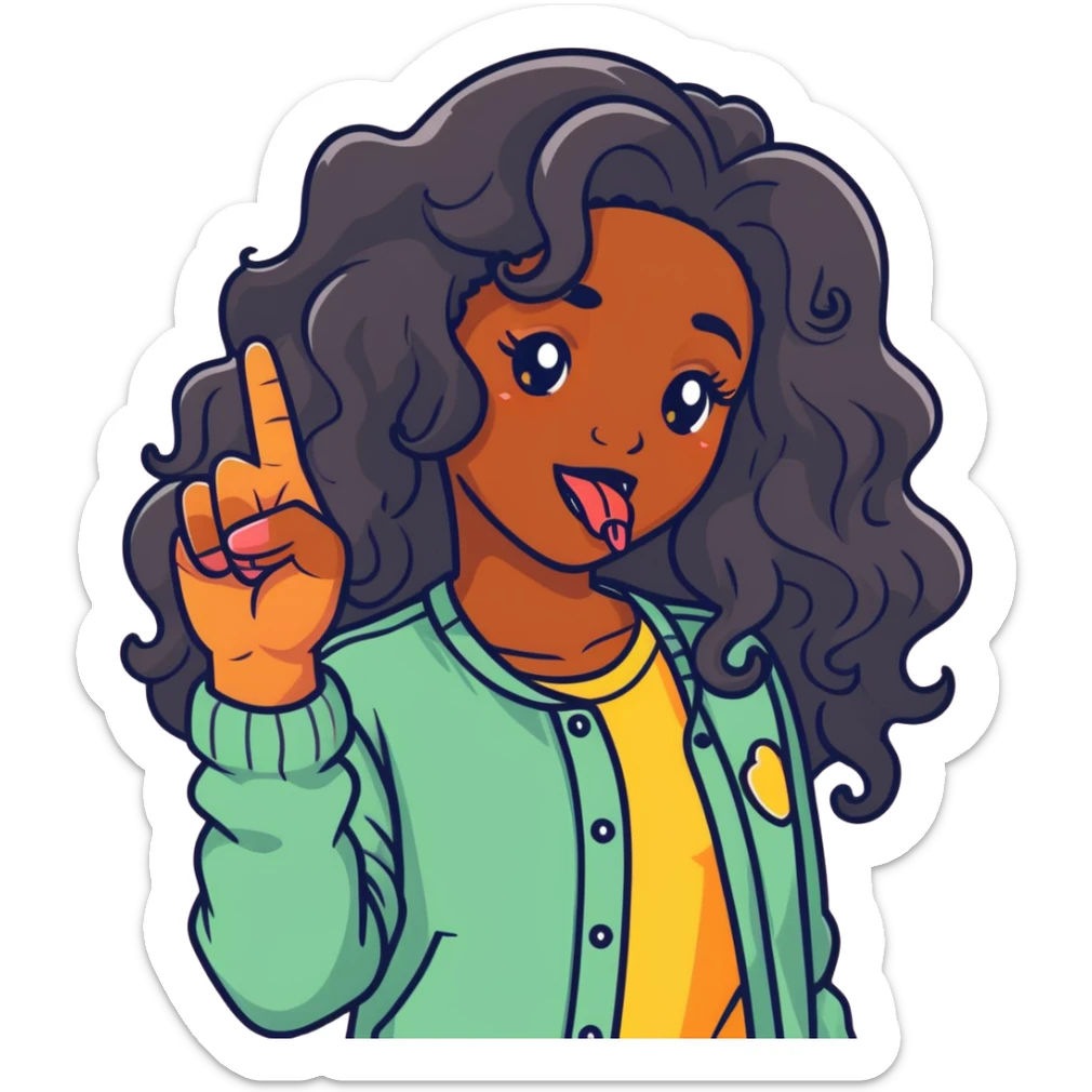 A girl with dark skin and long curly hair having her tongue out pointing the middle finger sticker