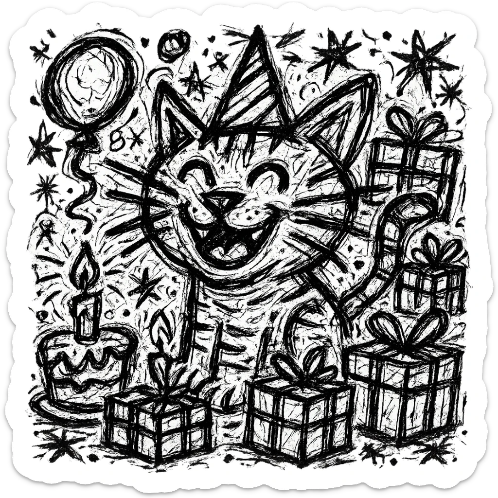Add more gifts around the kitten, keeping the chaotic outlined style and all original elements intact sticker