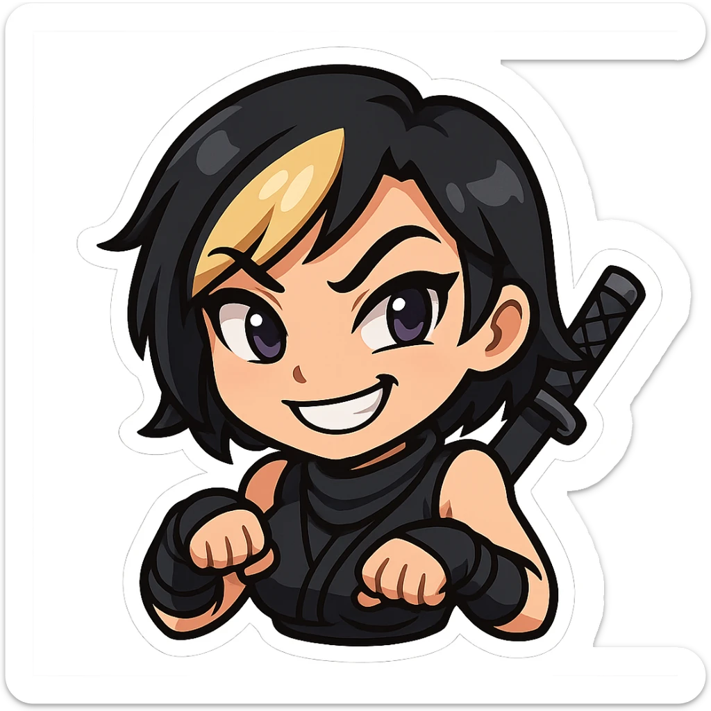 Sexy chibi ninja girl with black short hair and a blonde streak, only head and arms, colorful chibi style with bold outlines, transparent background, no mask, mischievous grin with one eyebrow raised, sized for Twitch emoji use. sticker