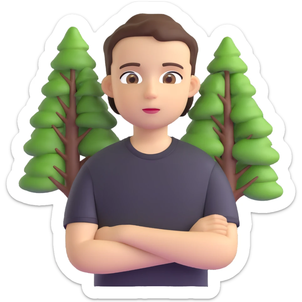boy with straight short brunette hair brown eyes black tshirt on and tree behind sticker