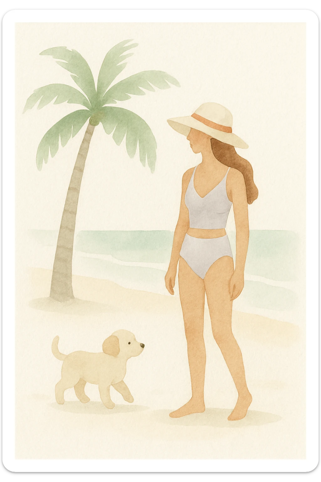 a woman in swimwear on a beach with a palm tree and a puppy, watercolor illustration sticker