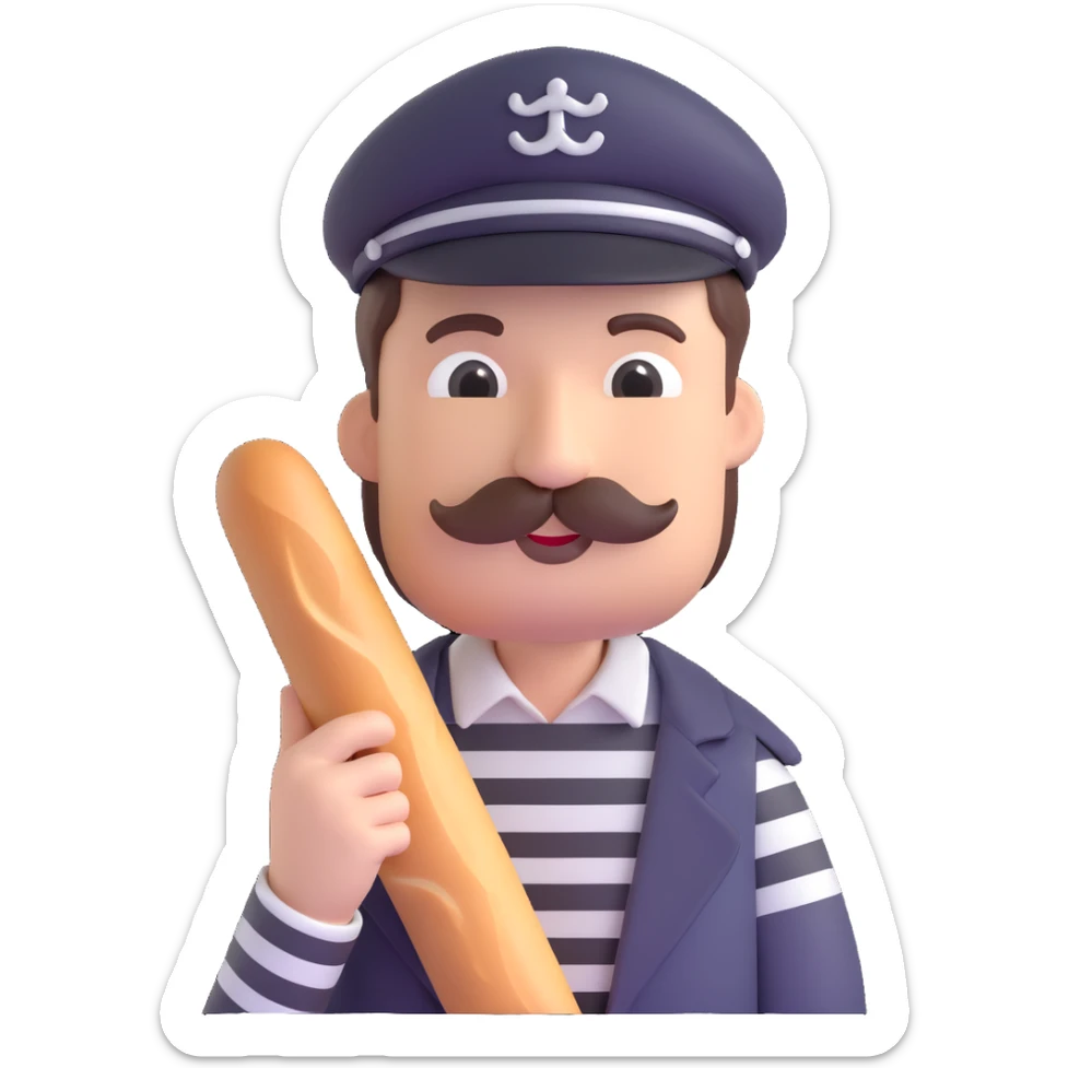 Frenchman with moustache, beret, holding baguette, black and white striped shirt, 3D emoji style. sticker