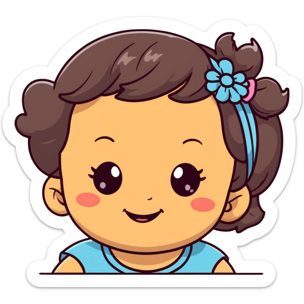 close-up of smiling toddler face only with big eyes, medium skin tone, dark wavy hair, and a hair band, no body sticker