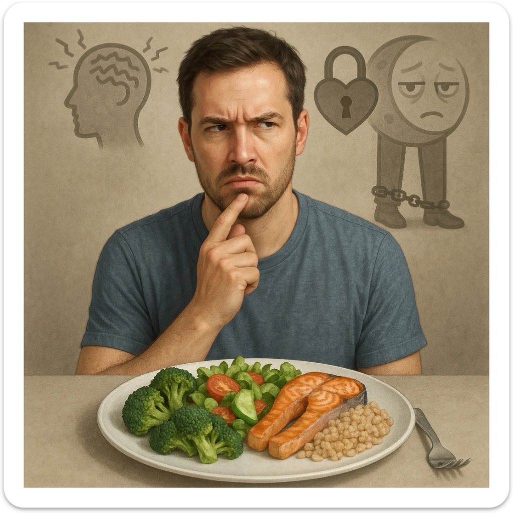 Realistic style illustration of a thoughtful 30-year-old man in front of a healthy plate, with a distrustful expression. Behind him, blurred symbolic elements: a stylized head with vibrating lines representing stress, a locked heart representing emotions, a moon with tired eyes representing insomnia, and still legs with chains representing sedentariness. Realistic style with conceptual touch. sticker