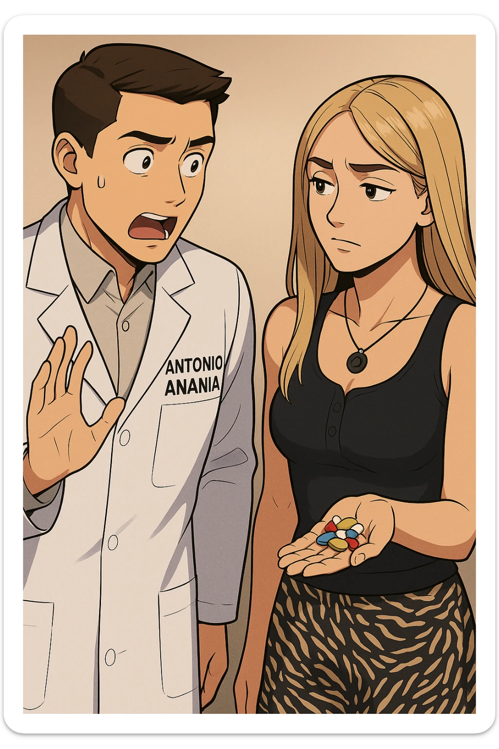 fai un webtoon/manga a colori con questo kinesiologo in camice bianco (fagli la scritta "ANTONIO ANANIA" SUL CAMICE) CHE PARLA CON QUESTA RAGAZZA. LA RAGAZZA HA UN PUGNO DI INTEGRATORI IN MANO (TANTE PILLOLE DIVERSE) E LE GUARDA DUBBIOSA. IL KINESIOLOGO CON IL CAMICE BIANCO LE DOMANDA UNA COSA SCIOCCATO. NON FARE I FUMETTI, FAI SOLO LORO COME SE DIALOGASSERO sticker