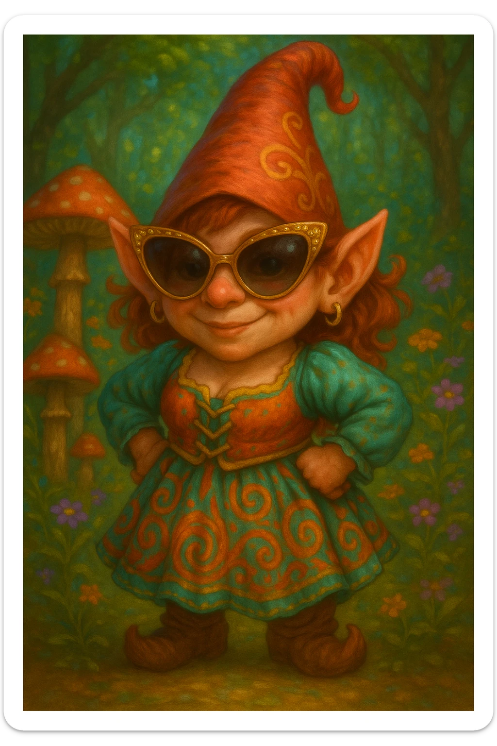 Change the sunglasses on the female gnome to oversized, glamorous style sunglasses. Keep the rest of the image intact. sticker