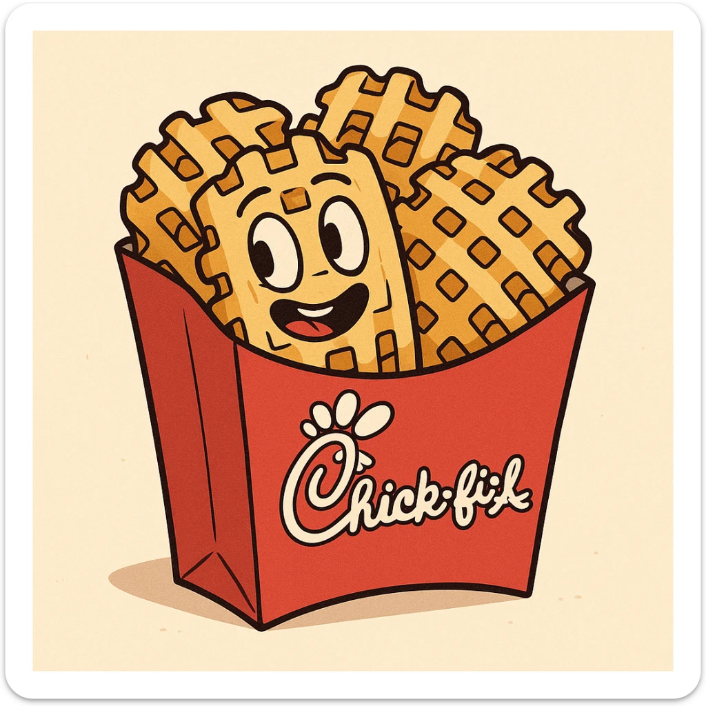 cartoon style Chick-fil-A waffle fries in a red takeout box, bold colors, simple background sticker