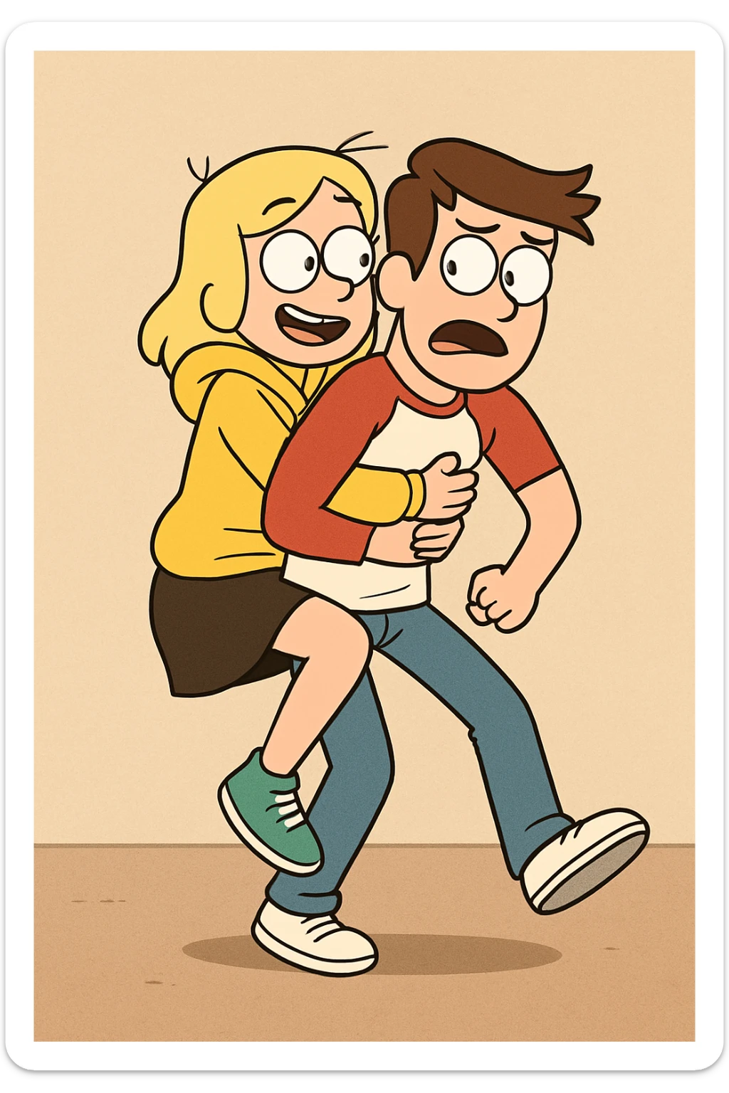 A man Raglan sleeves with Red t-shirts blue jeans white shoes carried by a cute a girl yellow hoodie black skirt green shoe  sticker