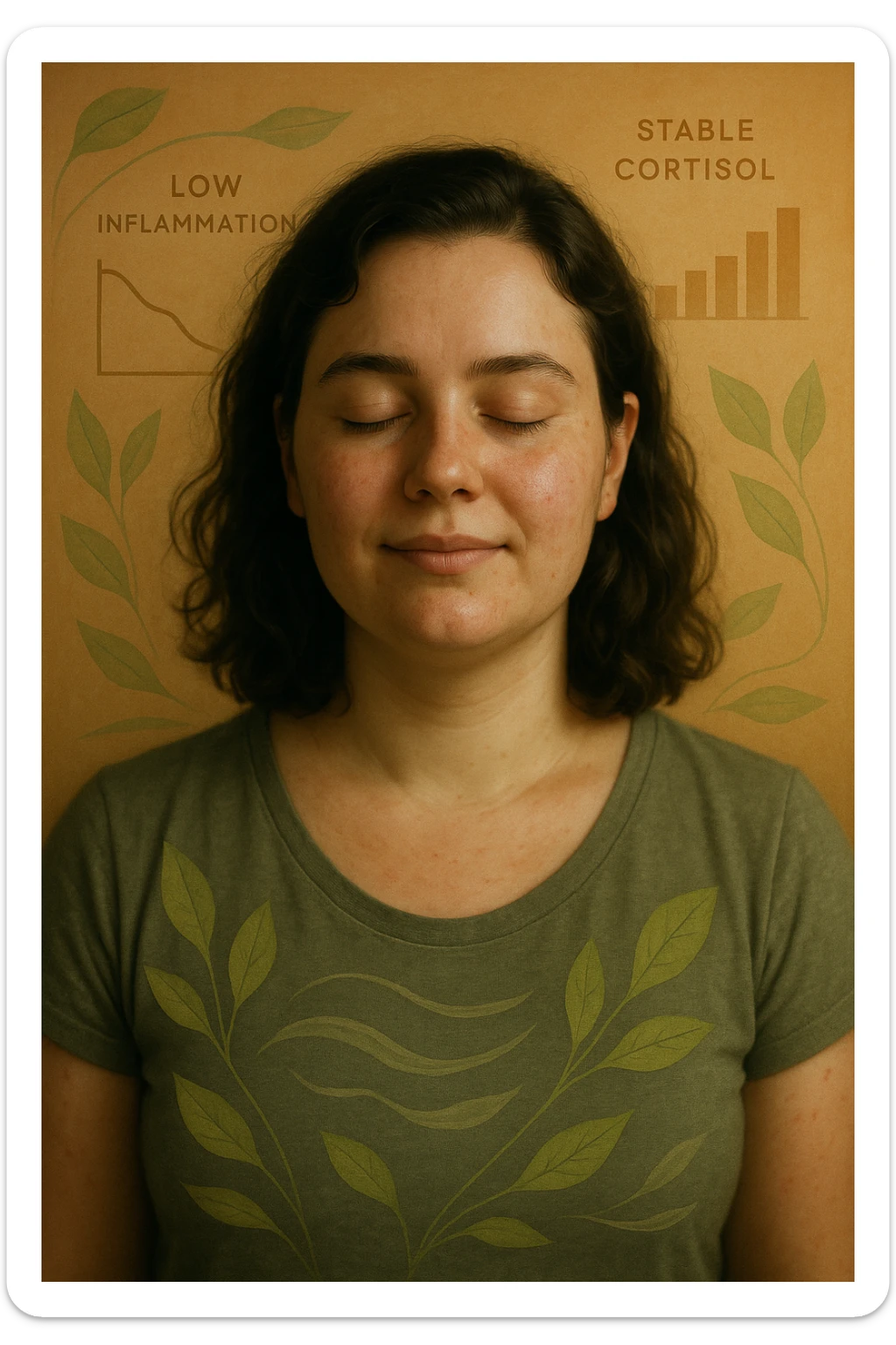 Realistic and cinematic vertical 2:3 portrait of a serene woman with PCOS, showing low inflammation and stable cortisol thanks to healthy nutrition. Positive atmosphere with subtle symbols of hormonal balance and low inflammation, such as health charts or visual health elements, very few writings. sticker