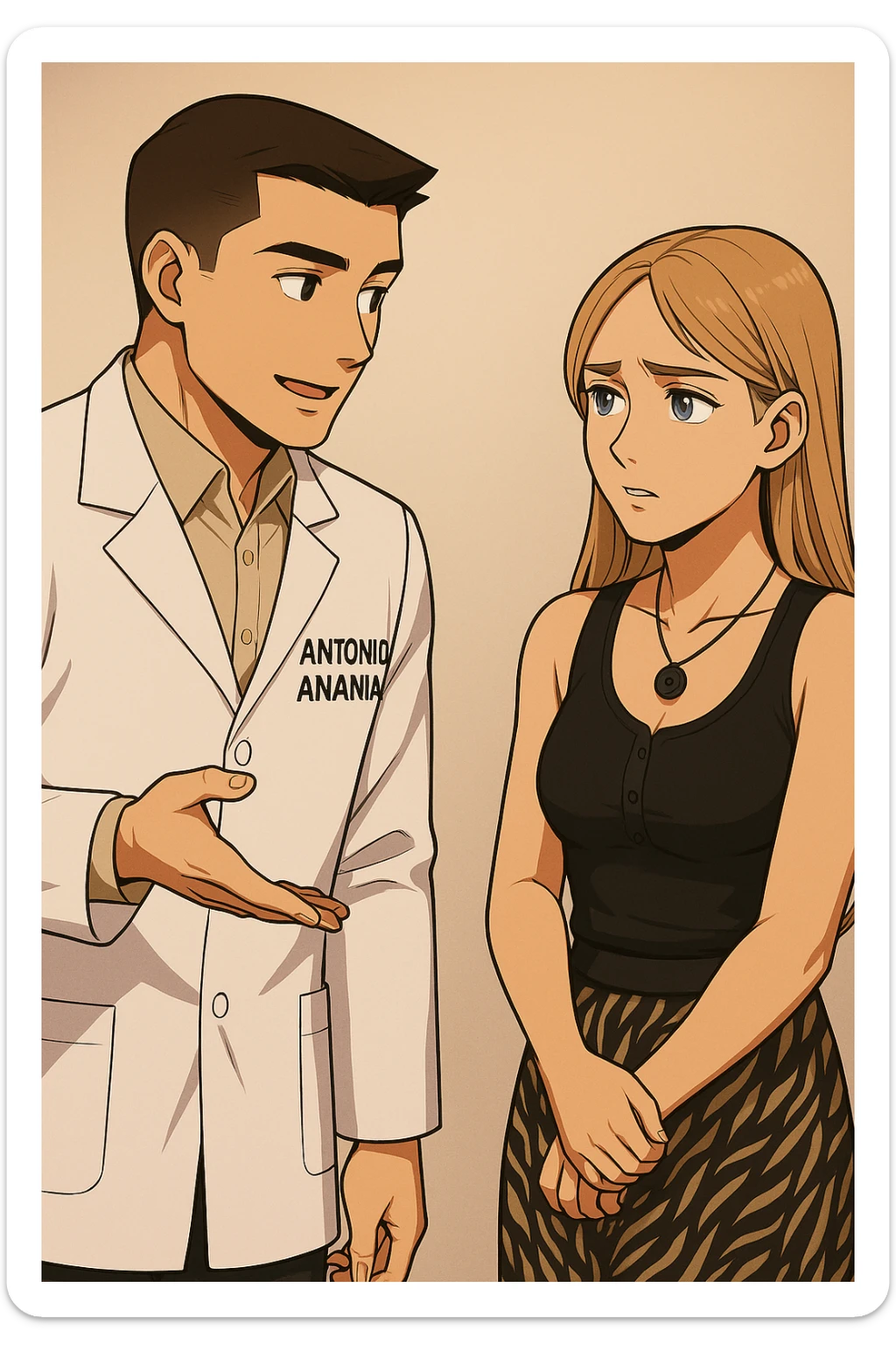 fai un webtoon/manga a colori con questo kinesiologo in camice bianco (fagli la scritta "ANTONIO ANANIA" SUL CAMICE) CHE PARLA CON QUESTA RAGAZZA CON GLI OCCHI AZZURRI. la ragazza gli fa una domanda preoccupata e IL KINESIOLOGO CON IL CAMICE BIANCO LE risponde. NON FARE I FUMETTI, FAI SOLO LORO COME SE DIALOGASSERO sticker