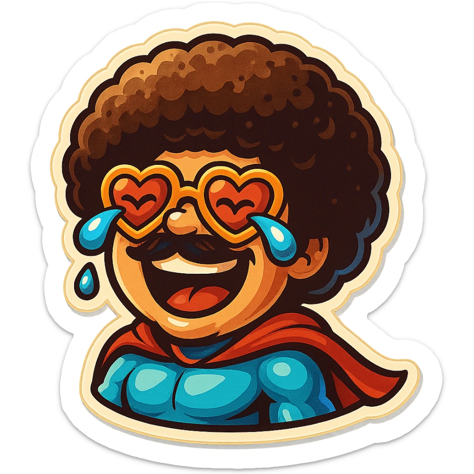superhero head, heart glasses, laughing with tears in eyes sticker