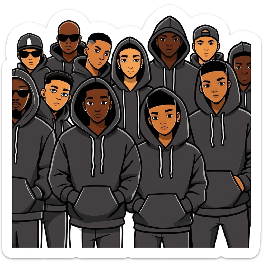 Gang of black people wearing all black with black hoodies sticker
