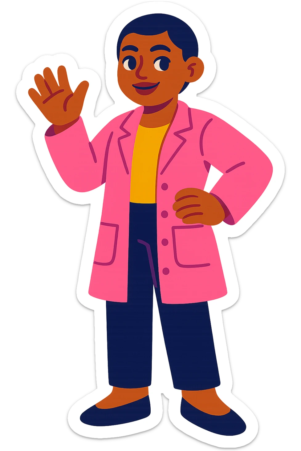 morena woman with short hair, pink lab coat, black pants, vibrant style sticker