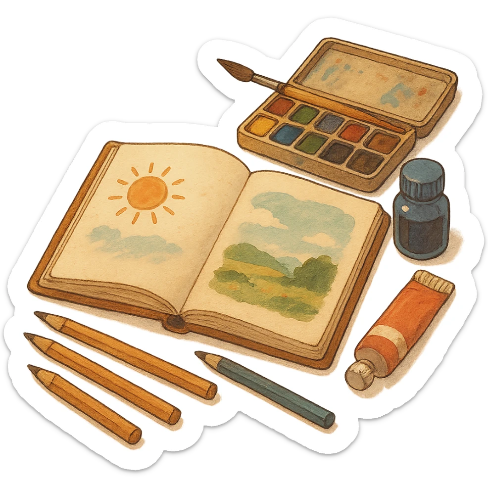 ghibli style illustration of a sketchbook with art supplies, warm and inviting sticker
