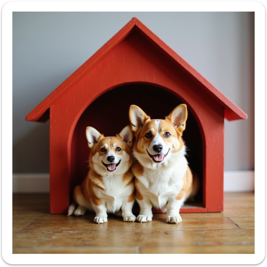 realistic red dog house with a Corgi dog inside, two Corgis, photorealistic style sticker