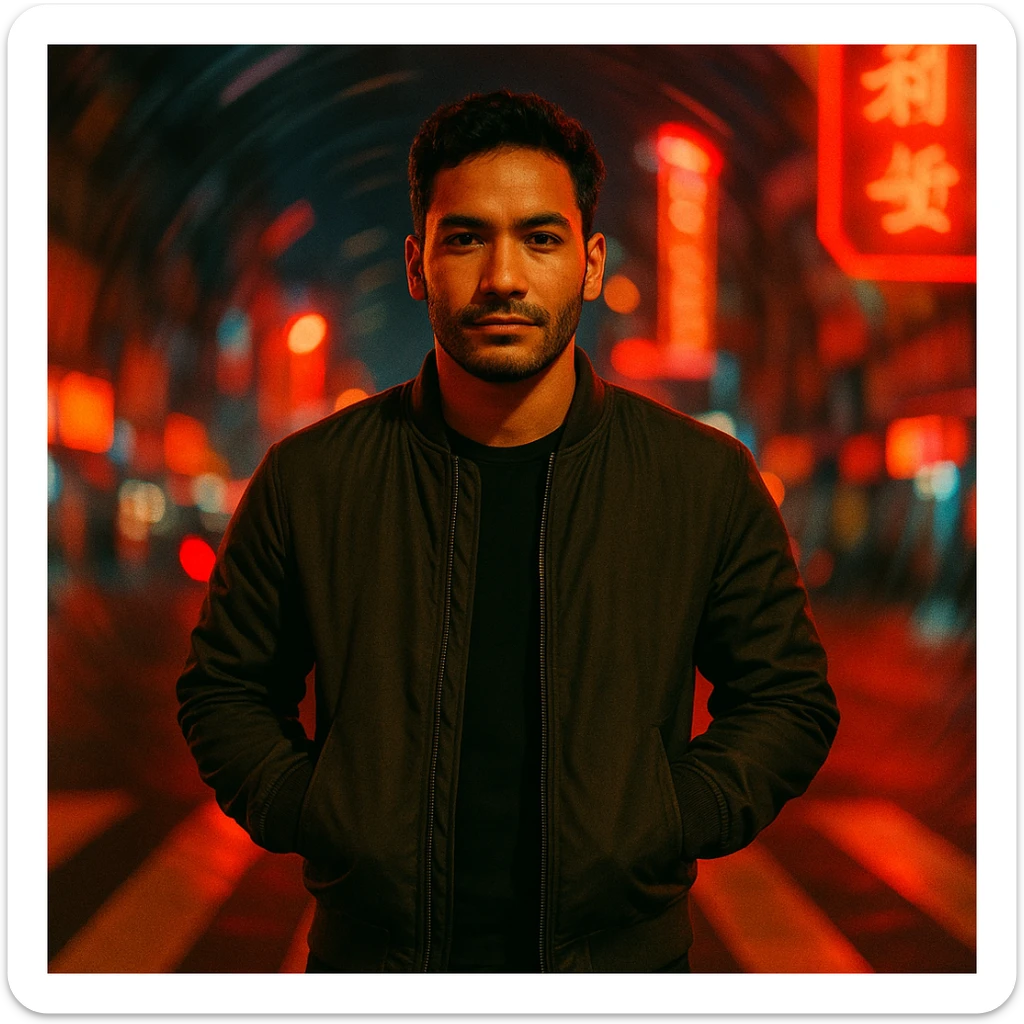 Create a cinematic night scene of a Southeast Asian man in his early 30s with medium tan skin, standing in a crosswalk with neon lights and spiral blur. The man has hands in pockets, wears a dark bomber jacket, has a confident expression, soft flash, warm saturated colors, 35mm film style, urban nightlife. Use the reference image for face. sticker