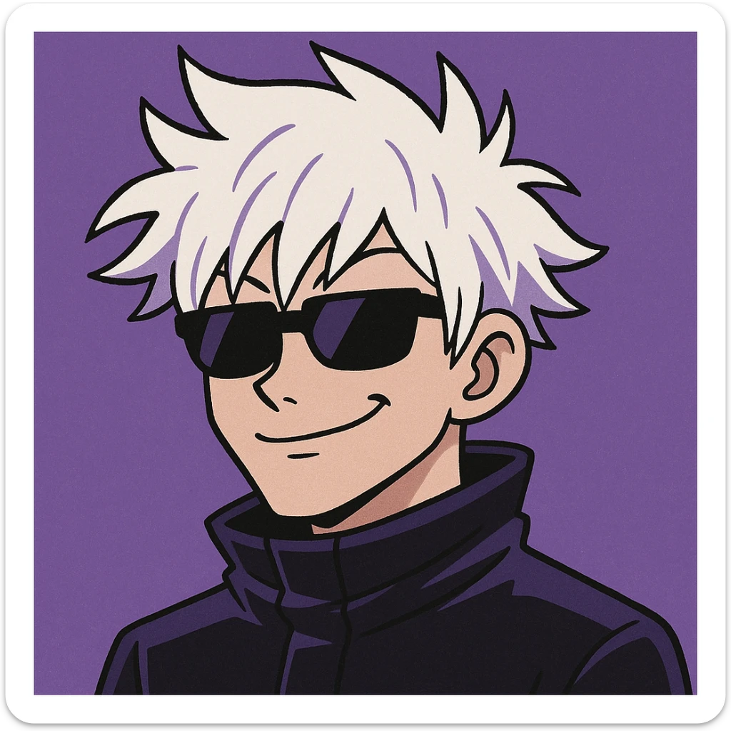 Gojo Satoru, stylized cartoon, white hair, sunglasses, smirking, purple background sticker