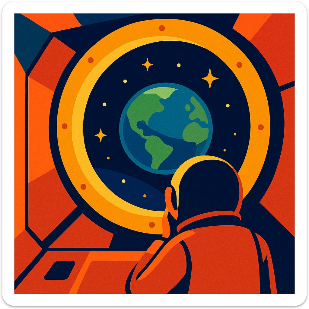 A spaceship window showing Earth in the distance, with a hint of longing and nostalgia. The scene should evoke a sense of missing home. sticker