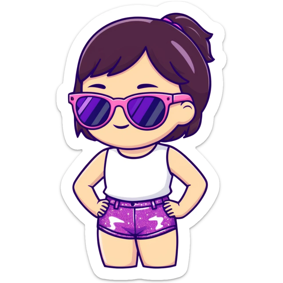 Summer girlie with brunette hair wearing purple sparkly sunglasses and pink sparkly shorts  sticker