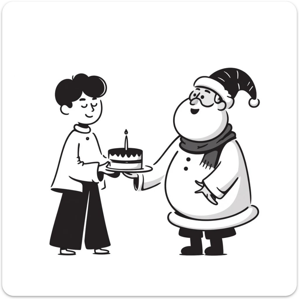 An Asian boy holding a small cake with a candle, Santa Claus in the background sticker
